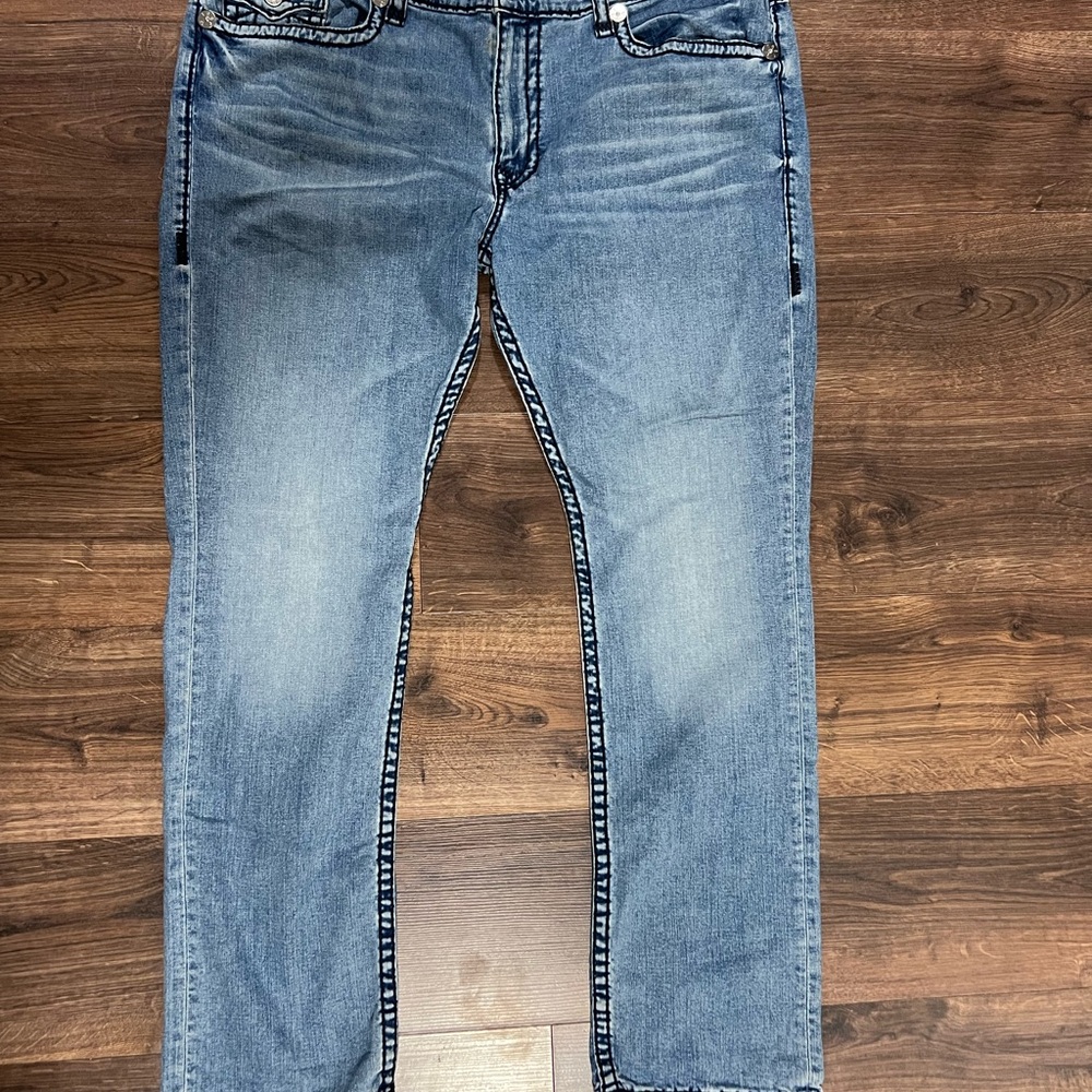 Vintage True Religion Men's Light Blue Ricky Relaxed Straight Jeans W44 x L32.